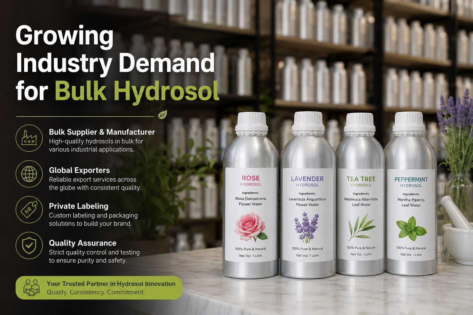 Growing industry demand for bulk hydrosol is increasing across skincare, aromatherapy, cosmetics, and wellness sectors due to the rising preference for natural and organic products worldwide.