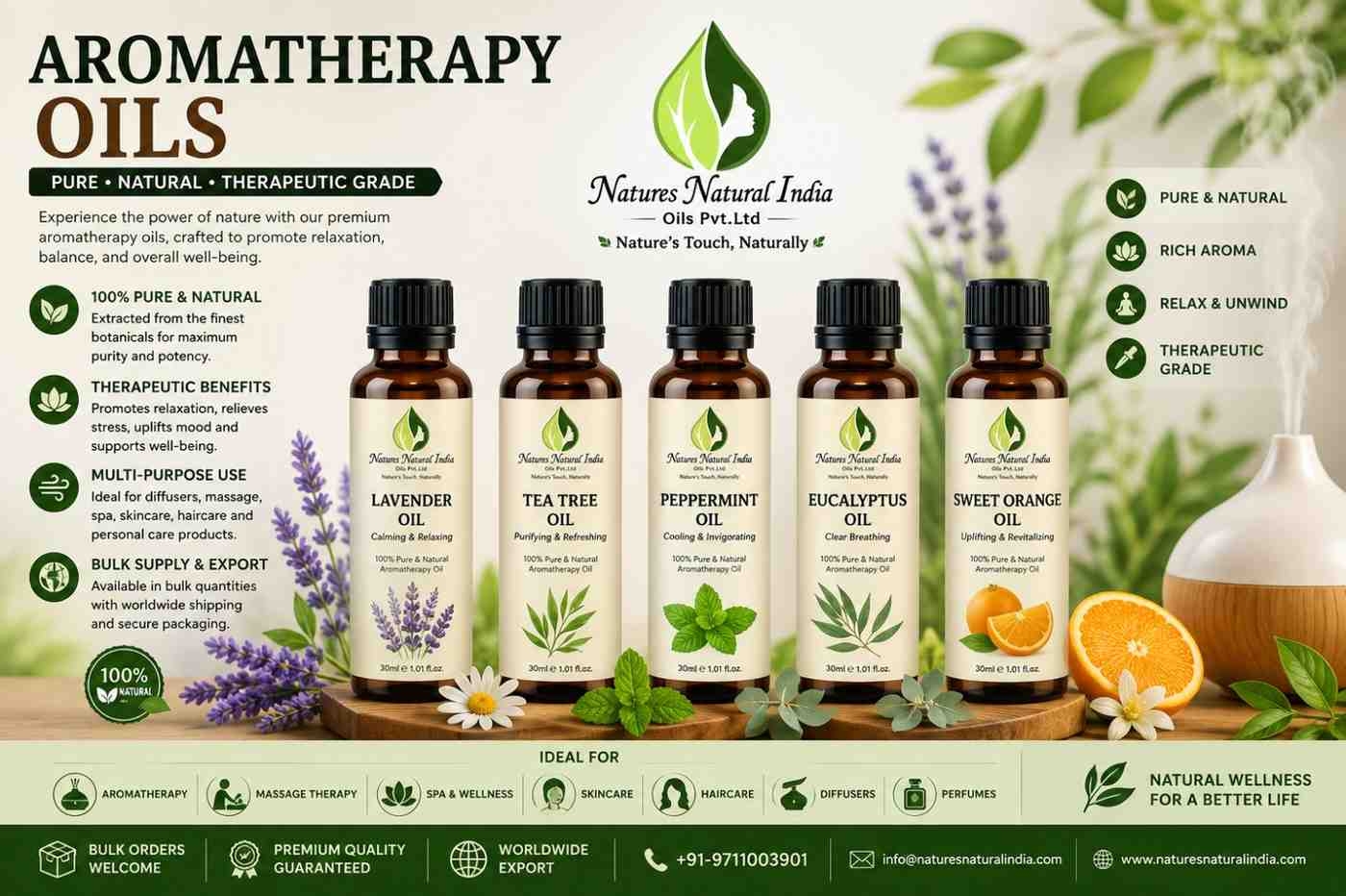 Business-to-Business Buying Guide to Aromatherapy Oils The use of aromatherapy is no longer confined to spas and yoga mats. Today it is a mainstream wellness category, which is gaining traction with any skin care brand, home fragrance company, hospitality brand and private label retailer globally. The change for international buyers is one thing: buying the right aromatherapy oils from a good company is no longer an option, but a competitive necessity. We at Natures Natural India, design, manufacture and export aromatherapy oils, fragrance oils, essential oils to all the companies in the skincare, wellness, hospitality and home fragrance industries of the world. This guide explains for the international buyer what to consider before sourcing.